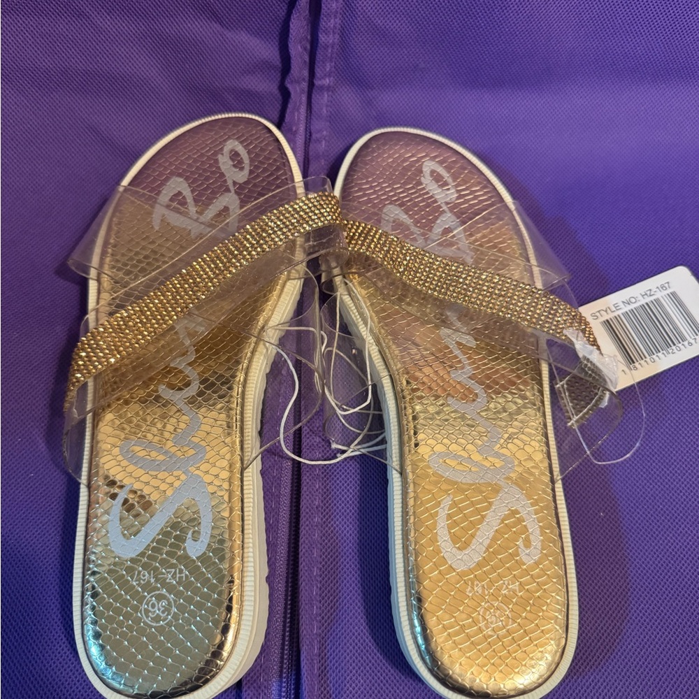 Gold and Clear Slide Sandals